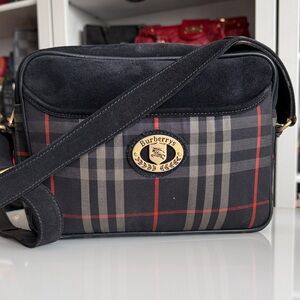 Burberrys Black, Gray & Red Plaid with Suede Camera Crossbody Bag